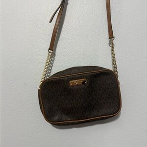 Michael Kors Brown Logo Crossbody with Gold Chain
